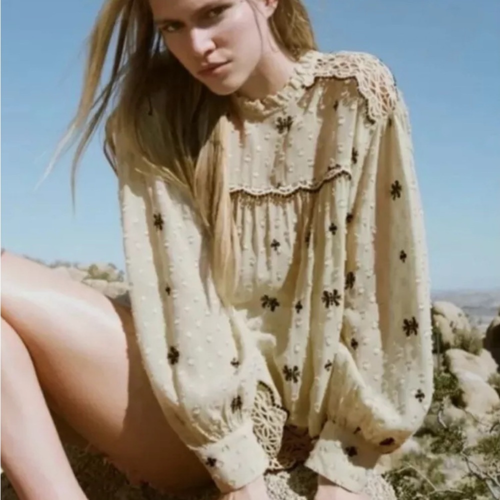 Zara Cream Blouse with Black Embroidered Dots and Crochet Details
